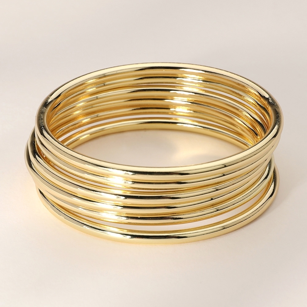 Gold 6 Piece Stack Round Metal Bangle Bracelets Set Layered Glossy Jewelry